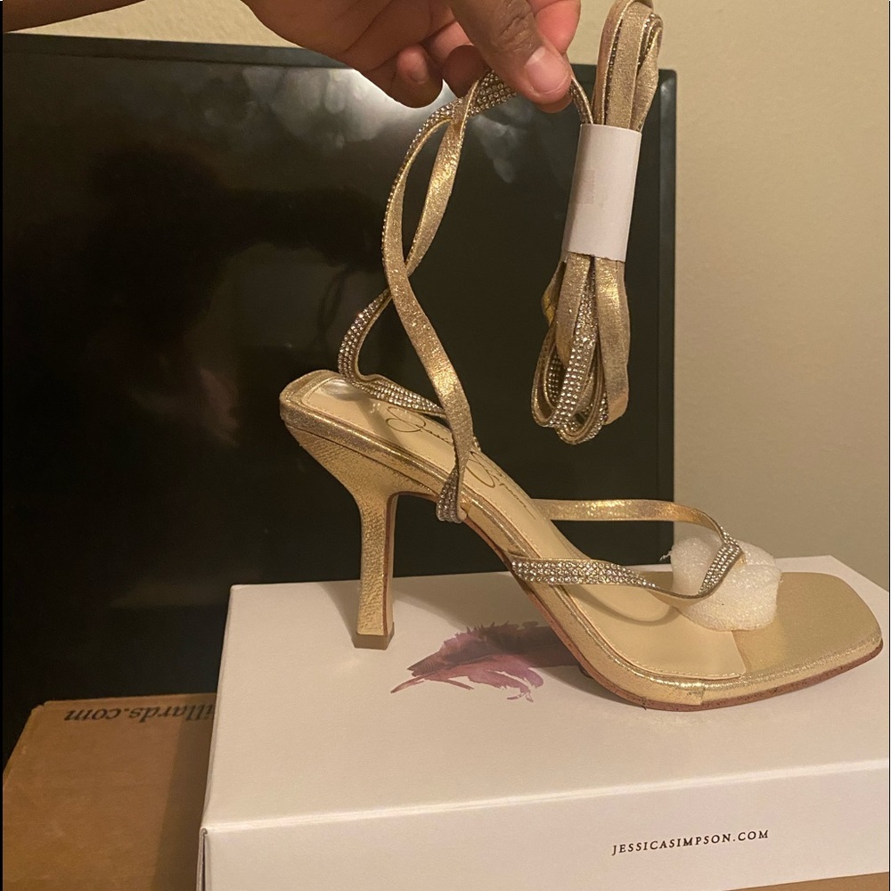 Jessica Simpson Gold Lace Up square Toe Heels